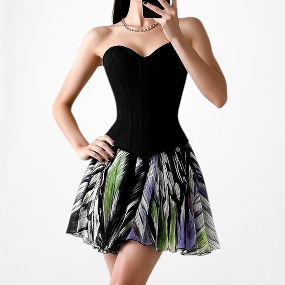 Bebe Black Silk White Purple Green Flared Pleated Skater Flowy Mini Skirt Size S - Picture 3 of 6
